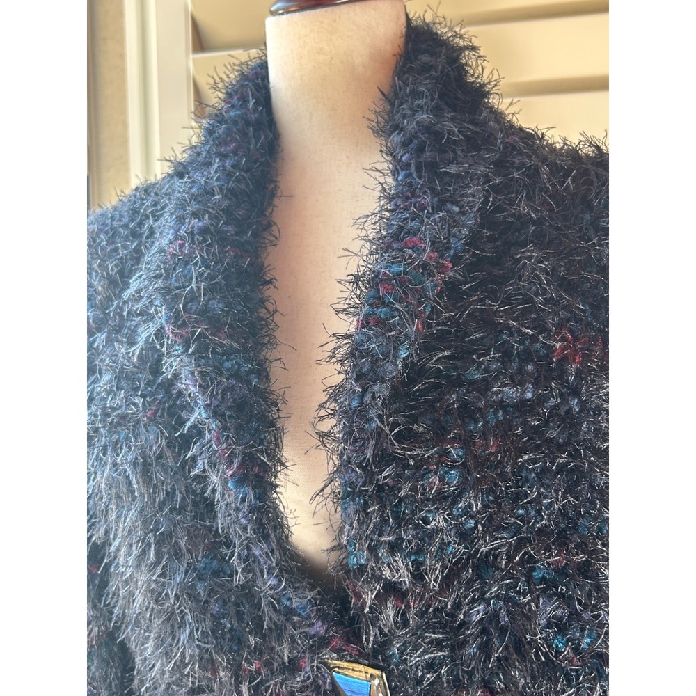 Handmade Shag Eyelash Mixed Yarn Cardigan Women L Multi Shimmer Jewel Button - Picture 5 of 10